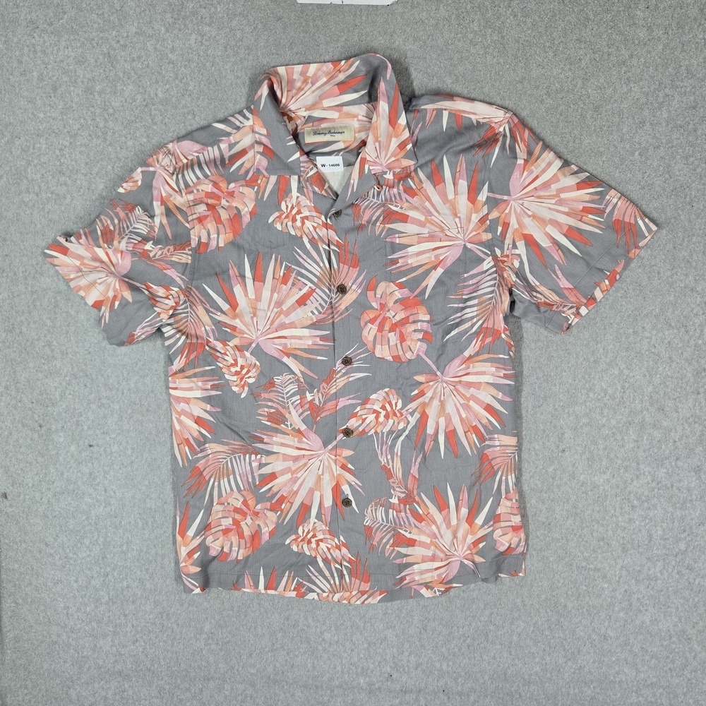 Tommy Bahama Men Button Up Shirt L Gray Leaf Print 100% Silk Hawaiian Tropical